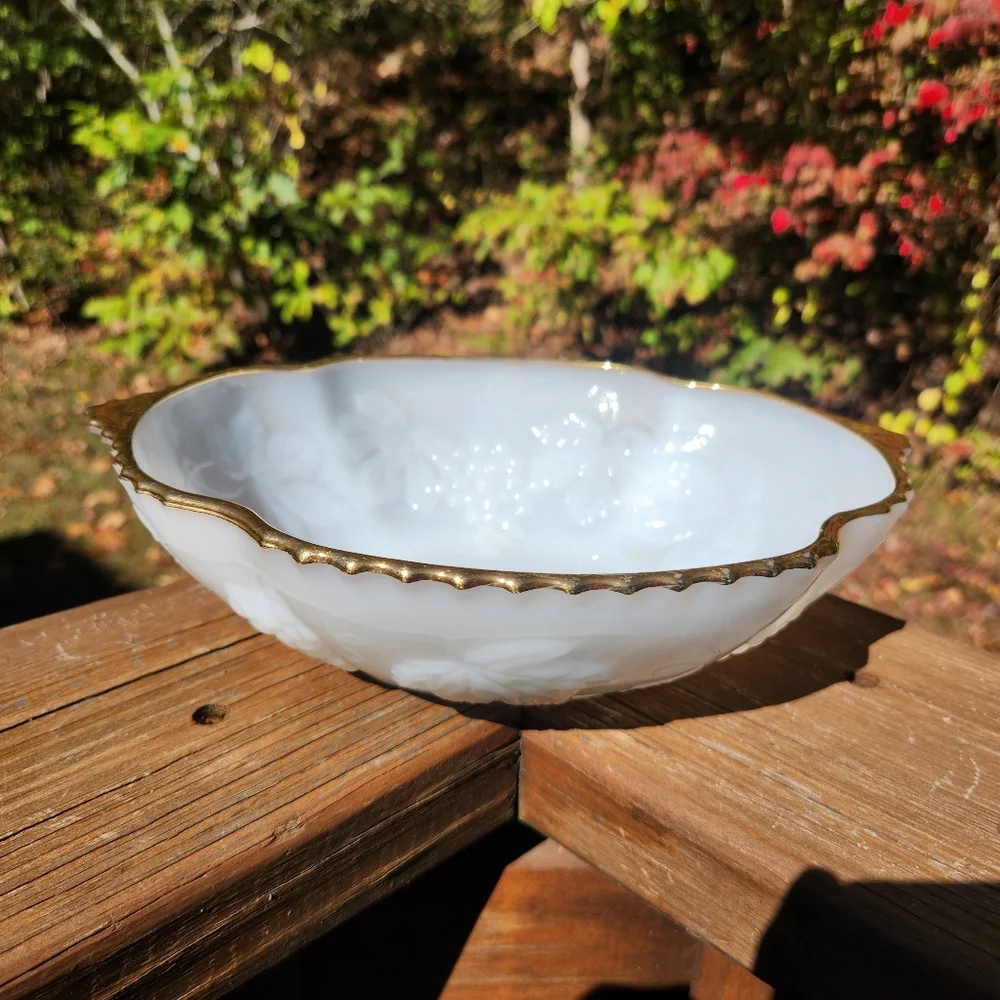 Vintage Anchor Hocking Milkglass Bowl With Grape & Vine Pattern and Gold Trim